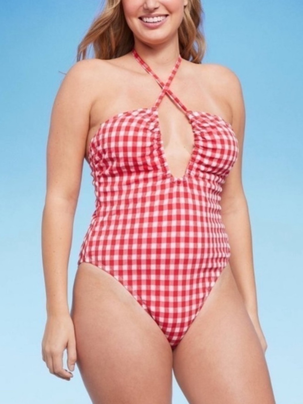 NEW Wild Fable Red Gingham One-Piece Swimsuit Halter Style
